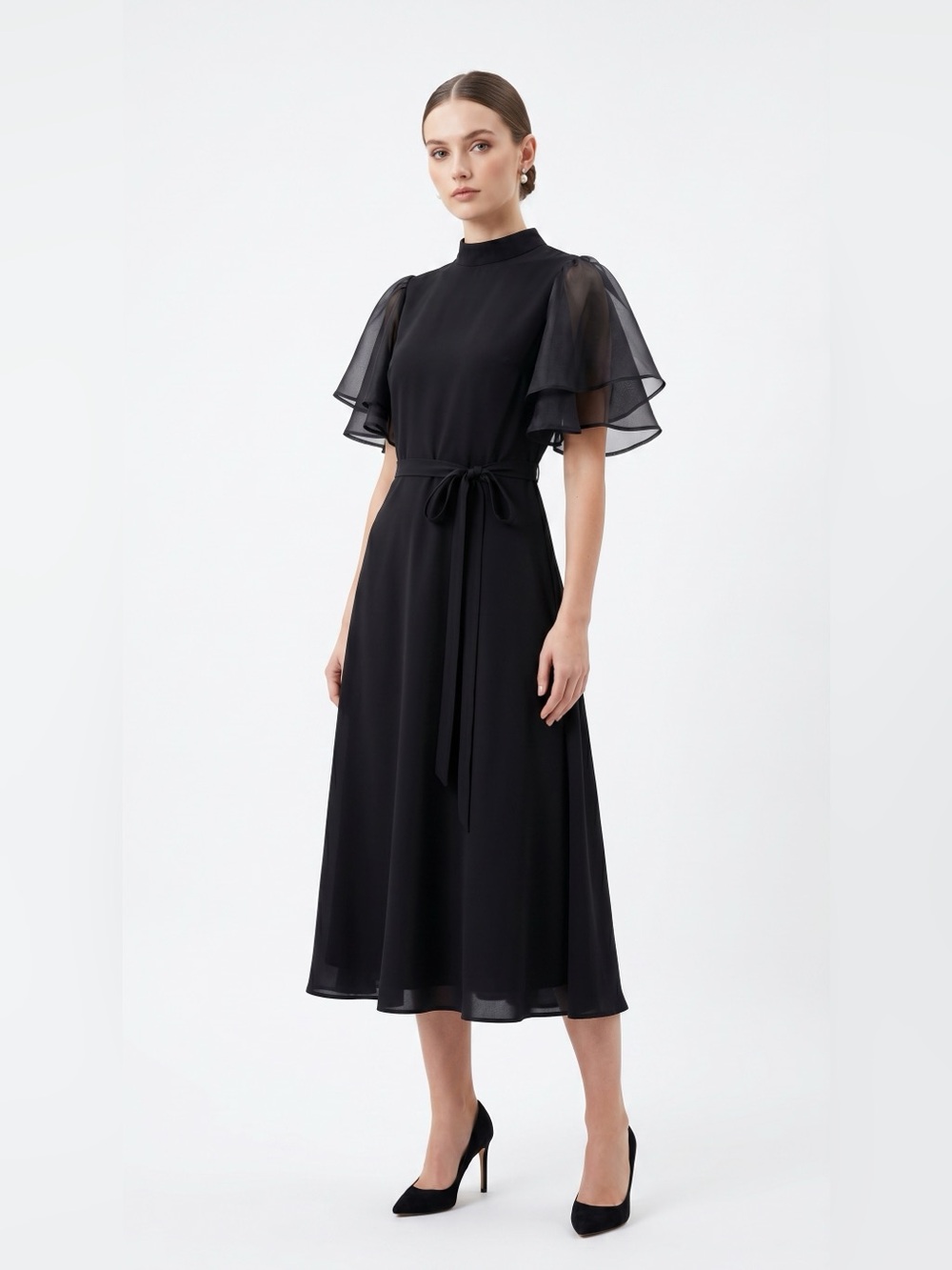 Black Flutter-Sleeve Midi Dress with Tie Waist